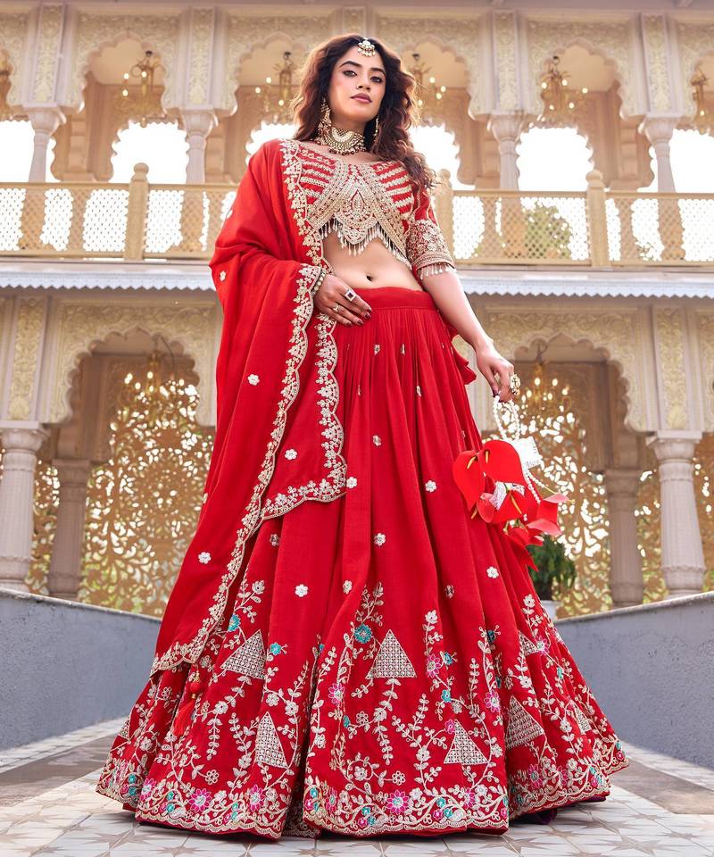 Red Color  Embroidery Sequence with Thared Work Silk Lahenga Choli Set
