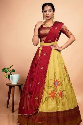 Elegant Red & Yellow  Digital Printed Lehenga with Brush Print Dupatta Set