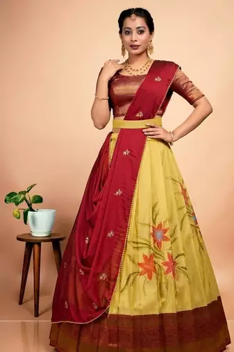Elegant Red & Yellow  Digital Printed Lehenga with Brush Print Dupatta Set
