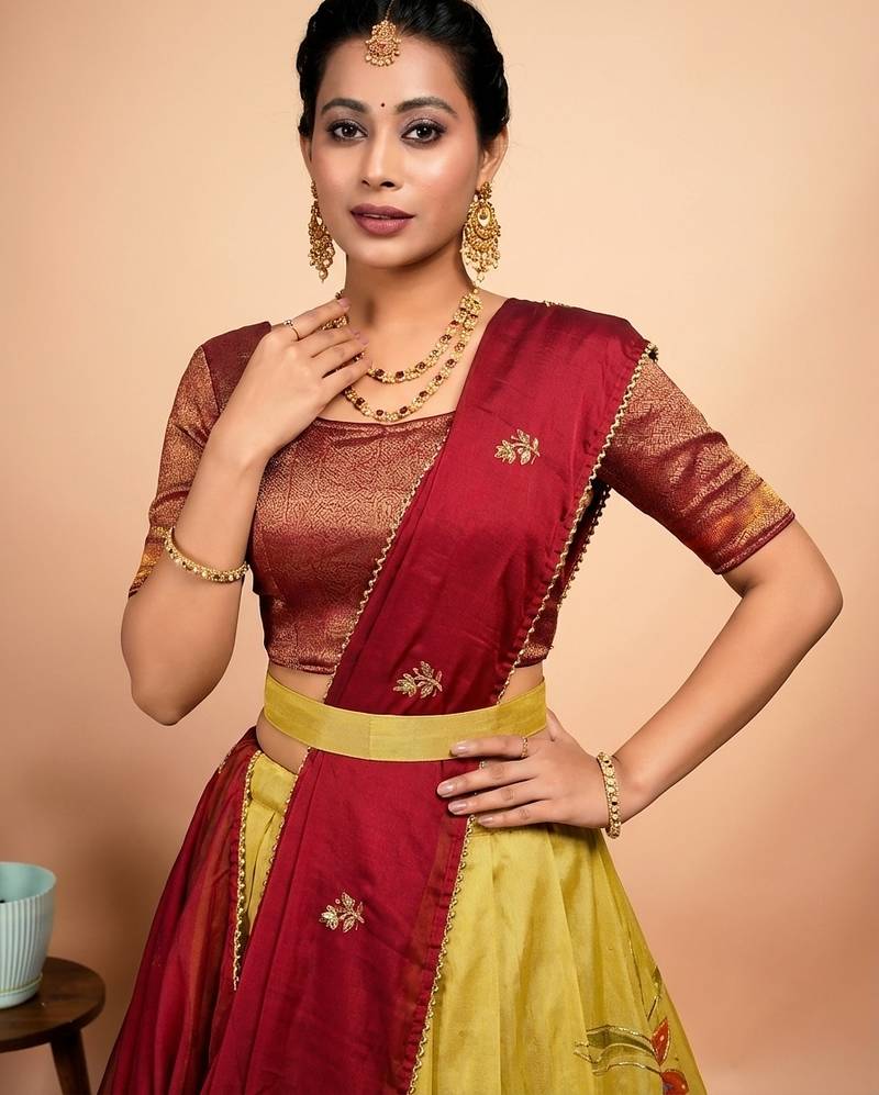 Elegant Red & Yellow  Digital Printed Lehenga with Brush Print Dupatta Set