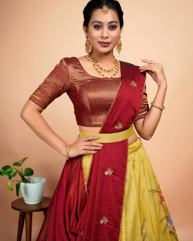 Elegant Red & Yellow  Digital Printed Lehenga with Brush Print Dupatta Set