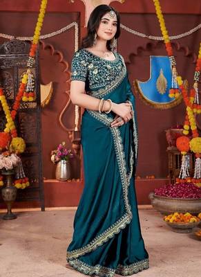 teal heavy embroidered silk blend party wear saree 5
