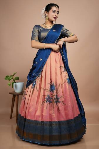Elegant Peach & Teal Digital Printed Lehenga with Brush Print Dupatta Set