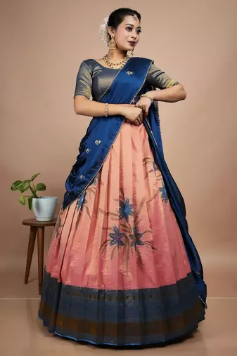 Elegant Peach & Teal Digital Printed Lehenga with Brush Print Dupatta Set