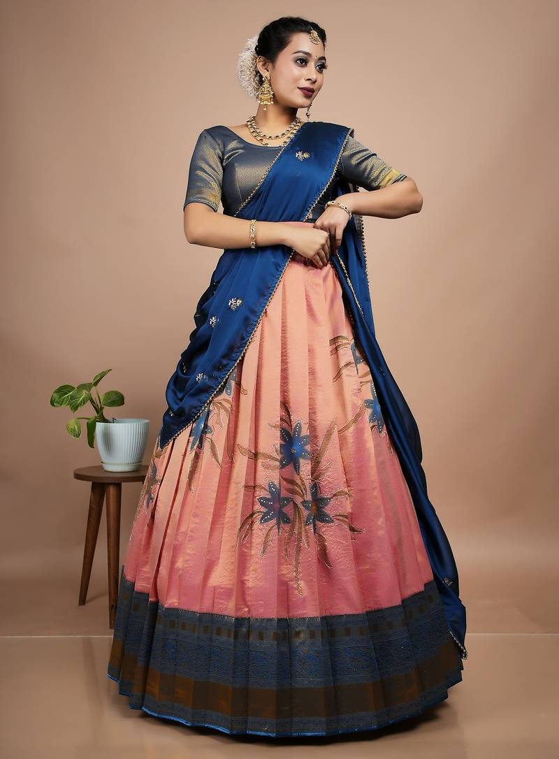 Elegant Peach & Teal Digital Printed Lehenga with Brush Print Dupatta Set