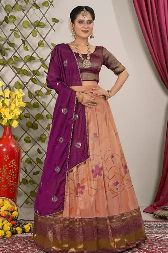 Peach & Wine Banarasi Festive Lehenga Choli Set