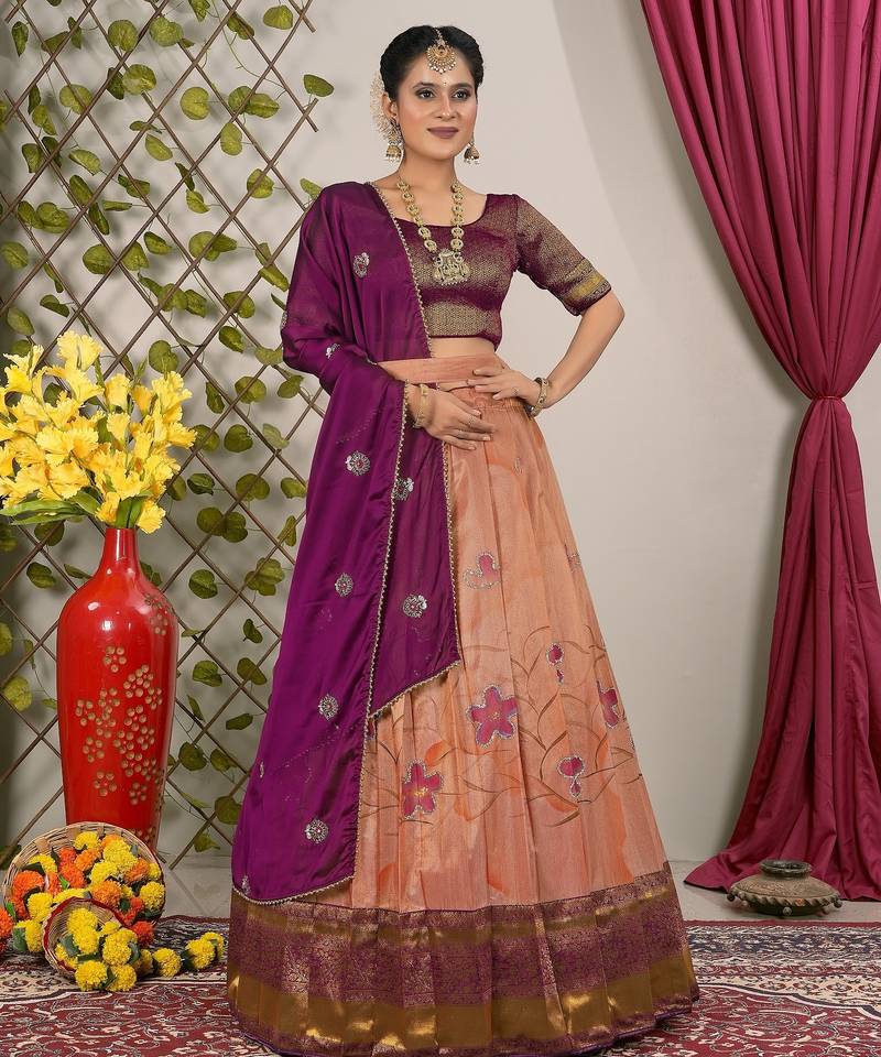 Peach & Wine Banarasi Festive Lehenga Choli Set