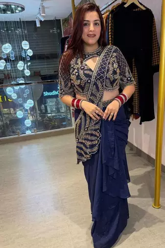 Navy Blue Color Beads Embroidered Work Rangoli Silk Ready To Wear Saree