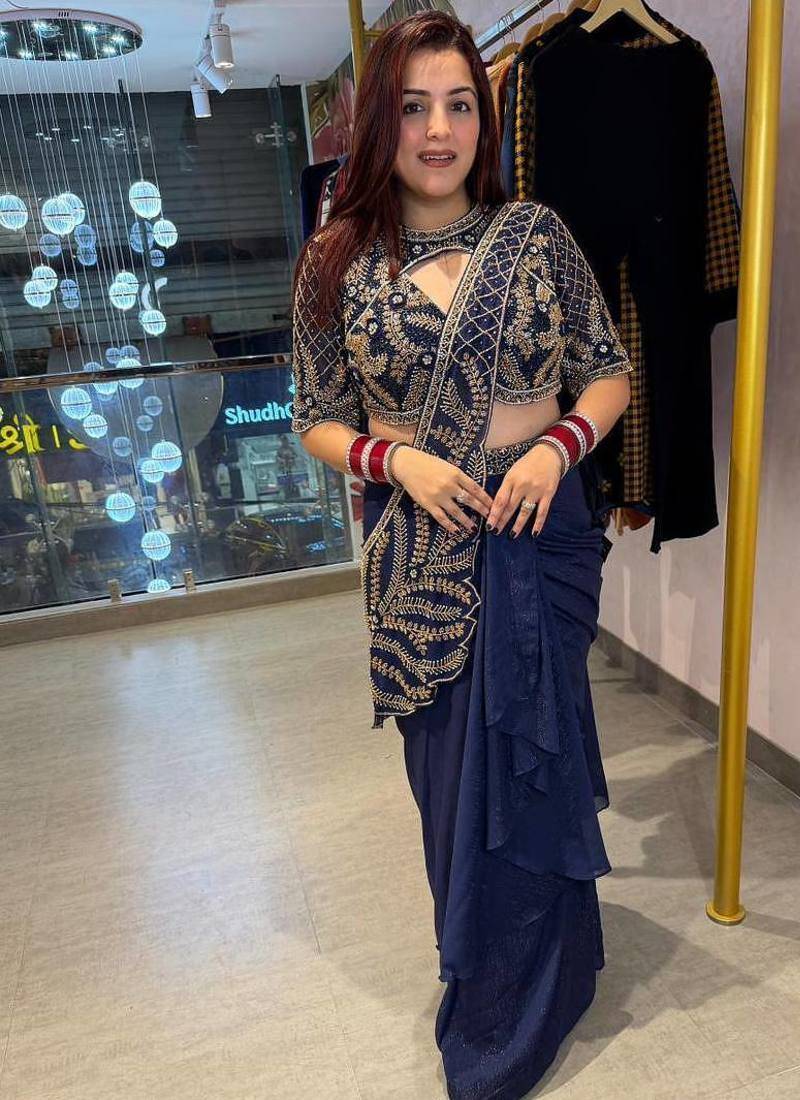 Navy Blue Color Beads Embroidered Work Rangoli Silk Ready To Wear Saree