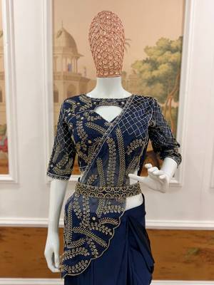 navy blue beads embroidered work rangoli silk pre-stitched saree 2