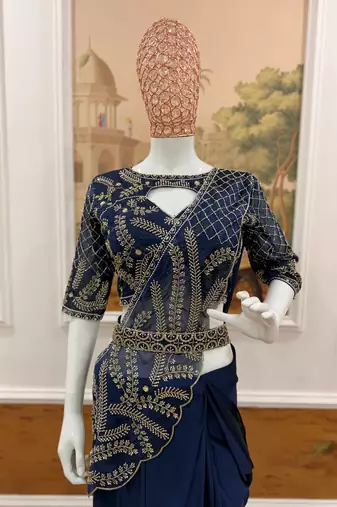 navy blue beads embroidered work rangoli silk pre-stitched saree