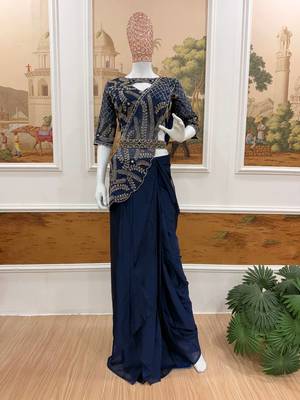 navy blue beads embroidered work rangoli silk pre-stitched saree 3