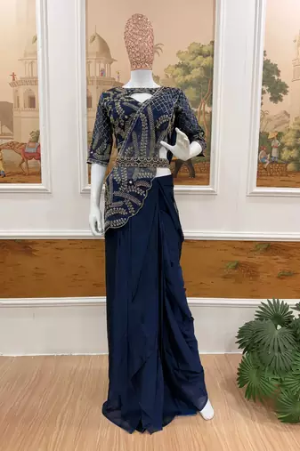 navy blue beads embroidered work rangoli silk pre-stitched saree