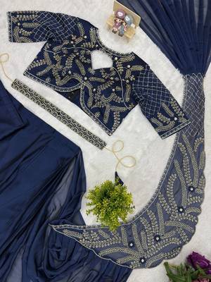 navy blue beads embroidered work rangoli silk pre-stitched saree 4