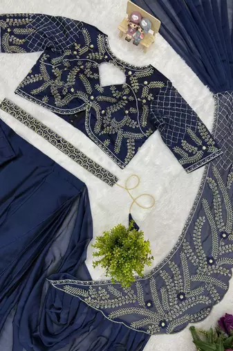 navy blue beads embroidered work rangoli silk pre-stitched saree