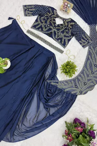 navy blue beads embroidered work rangoli silk pre-stitched saree