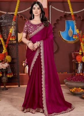 rani pink heavy embroidered silk blend party wear saree 3
