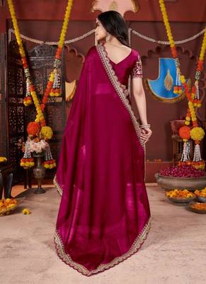 rani pink heavy embroidered silk blend party wear saree 4