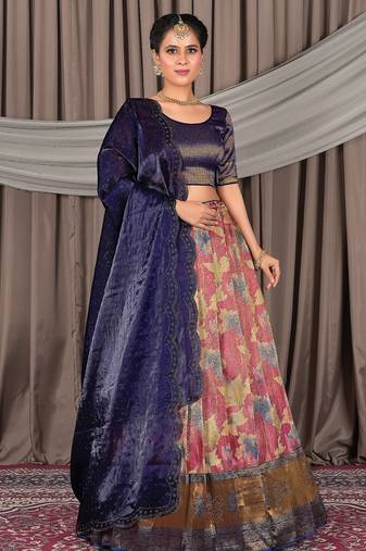 Pink & Navy Blue Banarasi Jacquard Printed Lehenga Choli