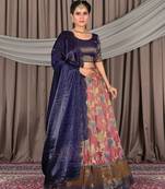 Pink & Navy Blue Banarasi Jacquard Printed Lehenga Choli