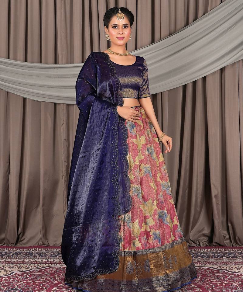 Pink & Navy Blue Banarasi Jacquard Printed Lehenga Choli