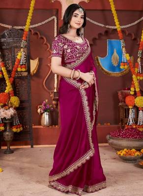 rani pink heavy embroidered silk blend party wear saree 5
