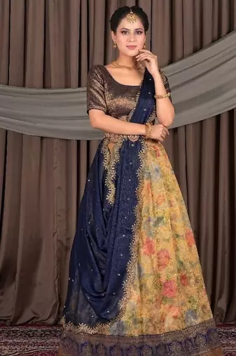 Navy Blue & Antique Gold Floral Digital Print Zari Tissue Lehenga