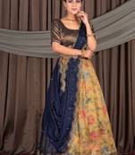 Navy Blue & Antique Gold Floral Digital Print Zari Tissue Lehenga