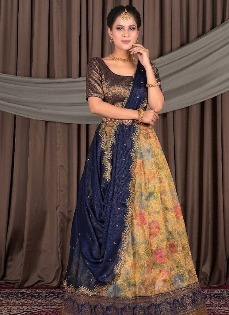 Navy Blue & Antique Gold Floral Digital Print Zari Tissue Lehenga