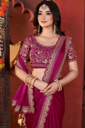 Designer rani pink heavy embroidered silk blend party wear saree with blouse