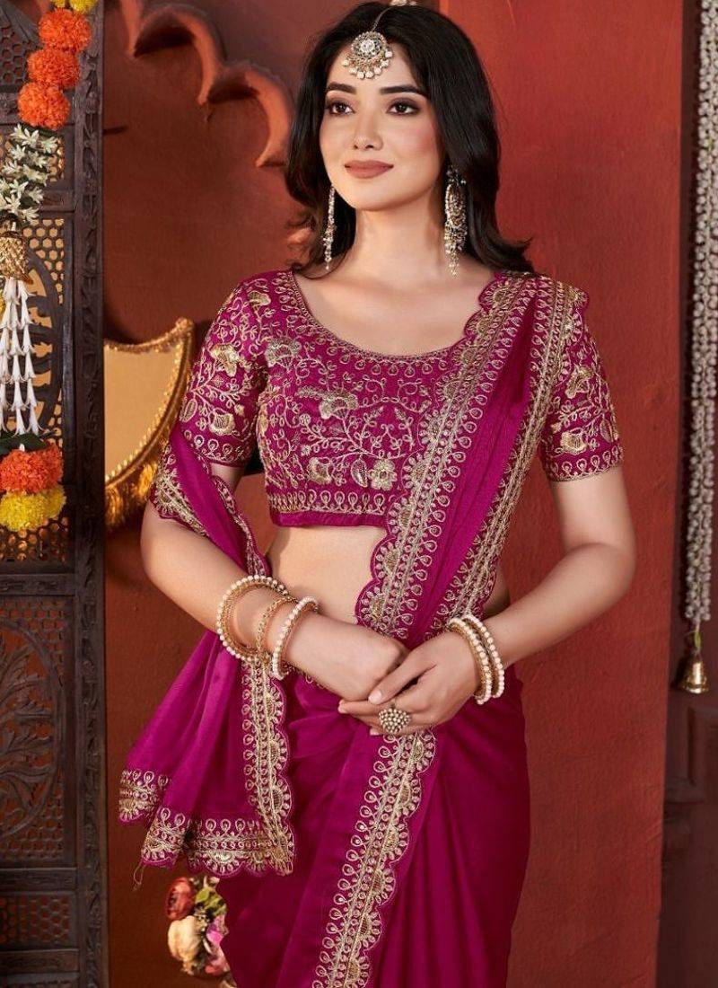 Designer rani pink heavy embroidered silk blend party wear saree with blouse