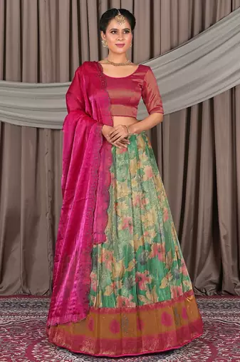 RANI Pink & Sea Green Banarasi Jacquard Printed Lehenga Choli