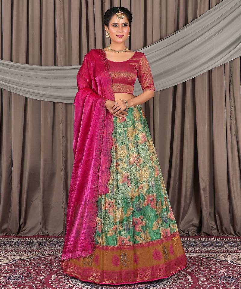 RANI Pink & Sea Green Banarasi Jacquard Printed Lehenga Choli