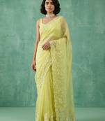 Light yellow thread embroidery floral border work organza   elegant designer saree with blouse piece