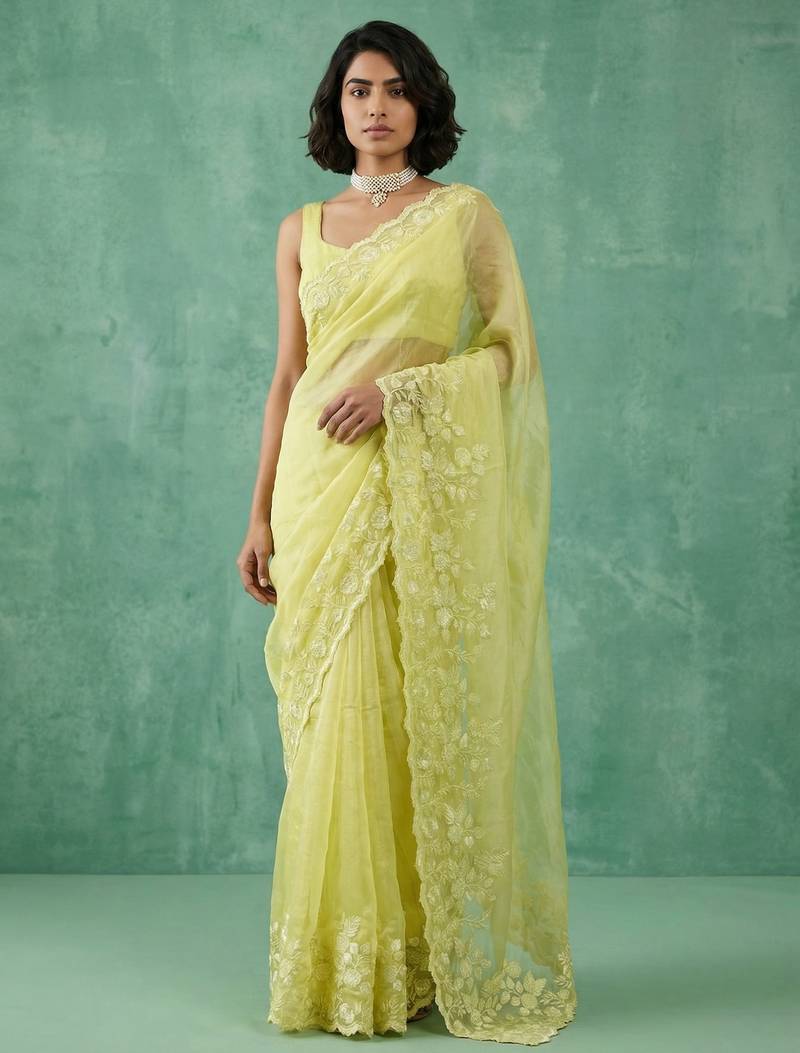Light yellow thread embroidery floral border work organza   elegant designer saree with blouse piece