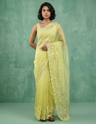 Light yellow thread embroidery floral border work organza   elegant designer saree with blouse piece 3