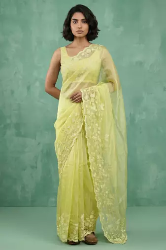 Light yellow thread embroidery floral border work organza   elegant designer saree with blouse piece