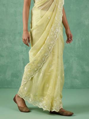 Light yellow thread embroidery floral border work organza   elegant designer saree with blouse piece 5
