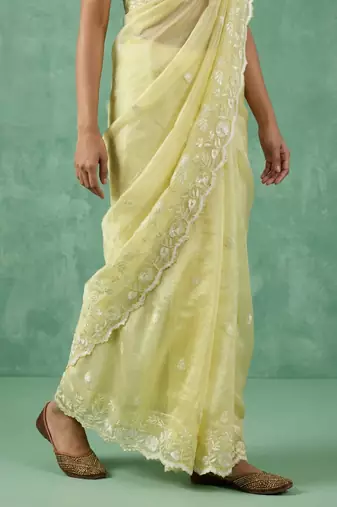 Light yellow thread embroidery floral border work organza   elegant designer saree with blouse piece