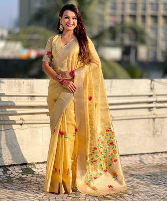 Yellow with multicolor accents  woven zari floral motifs work  silk blend   paithani style saree  with blouse piece 1