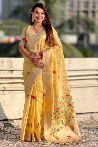 Yellow with multicolor accents  woven zari floral motifs work  silk blend   paithani style saree  with blouse piece