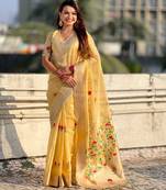 Yellow with multicolor accents  woven zari floral motifs work  silk blend   paithani style saree  with blouse piece