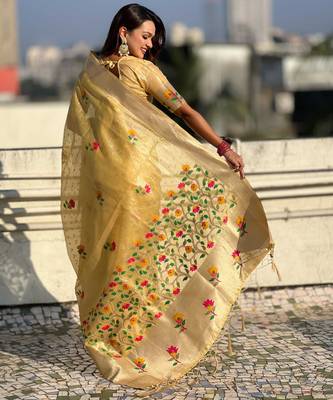 Yellow with multicolor accents  woven zari floral motifs work  silk blend   paithani style saree  with blouse piece 2