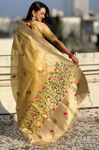 Yellow with multicolor accents  woven zari floral motifs work  silk blend   paithani style saree  with blouse piece
