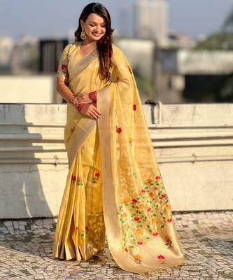 Yellow with multicolor accents  woven zari floral motifs work  silk blend   paithani style saree  with blouse piece 3