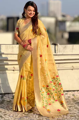 Yellow with multicolor accents  woven zari floral motifs work  silk blend   paithani style saree  with blouse piece