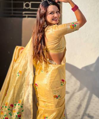 Yellow with multicolor accents  woven zari floral motifs work  silk blend   paithani style saree  with blouse piece 4