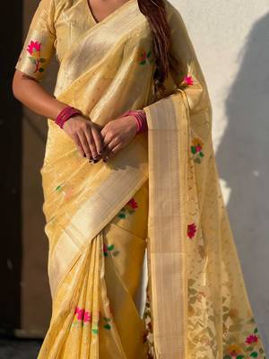 Yellow with multicolor accents  woven zari floral motifs work  silk blend   paithani style saree  with blouse piece 5