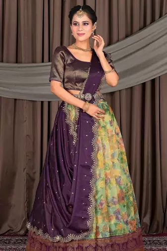 Sea Green & Wine Floral Digital Print Zari Tissue Lehenga