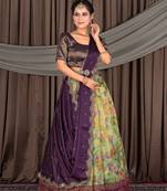 Sea Green & Wine Floral Digital Print Zari Tissue Lehenga